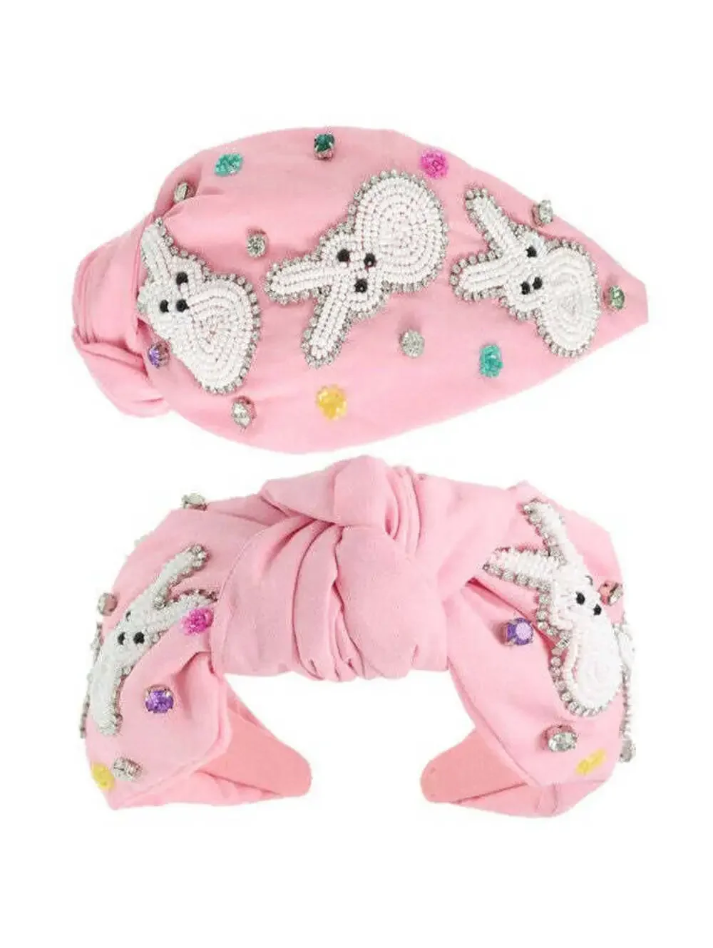Pink Easter Bunny Beaded Knotted Headband Polka Dot Rhinestone